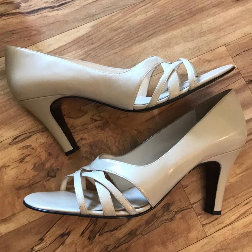 Taupe Leather Strappy nude open toe high heel shoes pumps peep toe cross cross